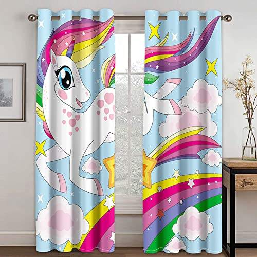 Gardinen Einhorn Sterne Regenbogen Scheibengardinen Weich Verdunklungsvorhänge Vorhang Blickdicht Scheibengardine Schlafzimmer Vorhänge Wohnzimmer Gardinen mit Ösen Schallschutz Curtain 2x140x260cm