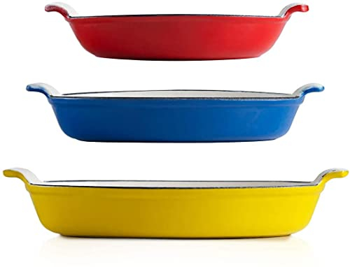 Big Smoke's Enamel Lasagne Dish - Set of 3 Enameled Cast Iron Oven Dish Set for Baking, Roasting, Braising and Boiling | Versatile Casserole Dishes for Cooking and Serving in Yellow, Blue and Red