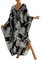 Bsubseach Long Half Sleeve Kaftan for Women Plus Size V Neck Swimsuit Coverups Summer Beach Dress Black Leaves