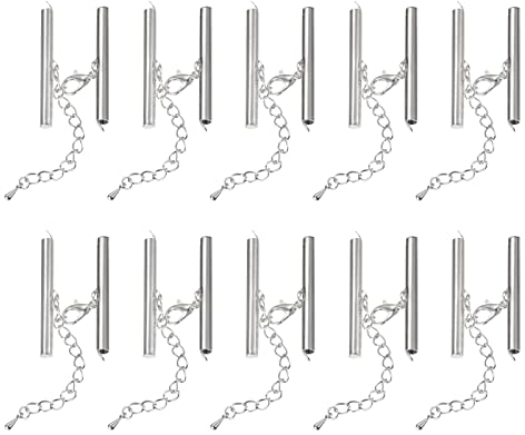 sourcing map 10Sets Slide on End Clasps with Lobster Claw Clasps & Extension Chain, 40mm Tube Slider Crimp Cord Ends for DIY Craft Making, Silver White