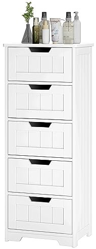 FOTOSOK Bathroom Cabinet, Bathroom Storage Cabinet with 5 Drawers, Wooden Storage Cabinets with Cut-Out Handles, 11.8” x 15.7” x 40.1” Bathrooms Floor Cabinets for Hallway/Living Room, White