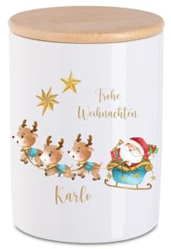 minimutz Plätzchendose Weihnachten Kinder mit Namen | Personalisierte Keksdose Keramik mit Deckel | Vorratsdose mit Rentierschlitten Weihnachten Nikolaus M (14x10x10cm)