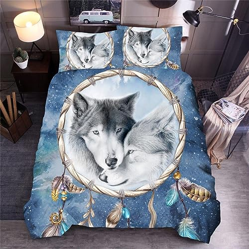 OaKita Wolf Traumfänger Bettwäsche-Set Dream Catcher Wolf Theme Muster Bettbezug,100% Mikrofaser Bettwäsche-Sets 3Teilig,mit Reißverschluss (A01,135x200cm/80x80cm)