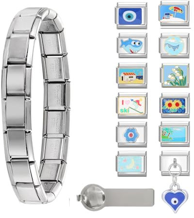 Urijk 14Pcs Modular for Italian Charm 9mm Traditional Classic Type Charm for Italian Style with Opening Tools,Stainless Jewelry Module Steel to Match Freely Italian Charms Bracelet Sets