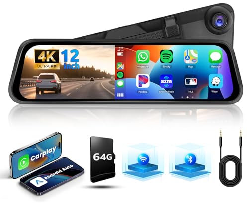 Hodozzy 4K Mirror Dash Cam with 12 inch Touchscreen, WiFi Rear view Mirror Dash Cam Front for Car with Carplay Android Auto, Car Camera with Bluetooth WDR Recording G-Sensor, Airplay FM AUX 64GB Card