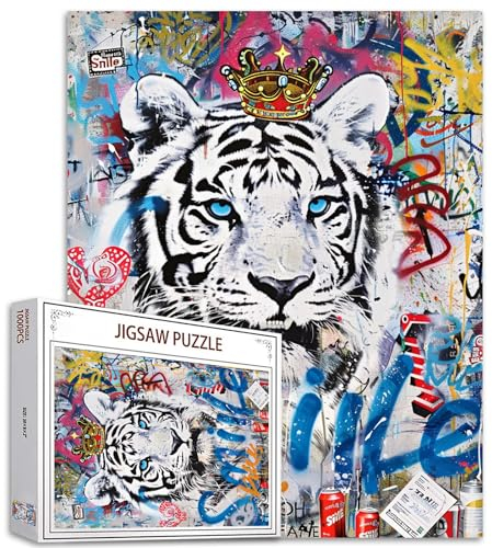 Tucocoo Puzzle mit weißen Tigern, 1000 Teile, Puzzles für Erwachsene, Tiere, Banksy-Graffiti-Stil, Puzzles für anspruchsvolle Familienaktivitäten, buntes Bastelpuzzle für Heimdekoration, Geschenke