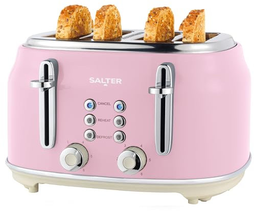 Salter Retro Toaster 4 Scheiben – Breite Schlitze, 6 Bräunungsgrad, Auftauen, Aufwärmen, Abbrechen Funktionen, Herausnehmbare Krümelschublade, Selbstzentrierung, 1630 W, Rosa, EK5739PNKVDE