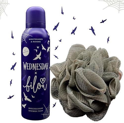 ZweiohrkerZen Dusch Set: 1x bilou Duschschaum 200ml bilou x Wednesday Nightshades & Ravens und 1x ZweiohrkerZen Duschknäul (Wednesday Nightshades & Ravens)