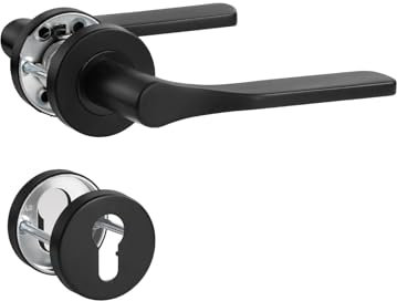 SORWDUERM Manija de puerta negra de acero inoxidable cepillado mate, manija para puerta de entrada y puerta interior, forma de L, roseta redonda, cilindro de perfil PZ