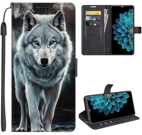 SEHEYA Hülle für ZTE Blade A75 4G Klapphülle Handyhülle mit Motiv Muster Flip Brieftasche 3 Kartenhüllen Schutzhülle Handytasche PU Lederhülle Wallet Case, Grünäugiger Wolf
