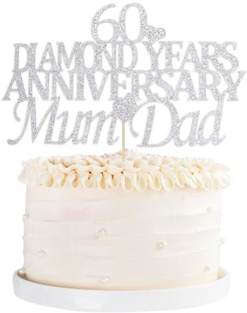60th Diamond Wedding Cake Topper Glitter Sliver 60 Wedding Anniversary Mum & Dad Cake Topper for 60th Anniversary Celebration Party