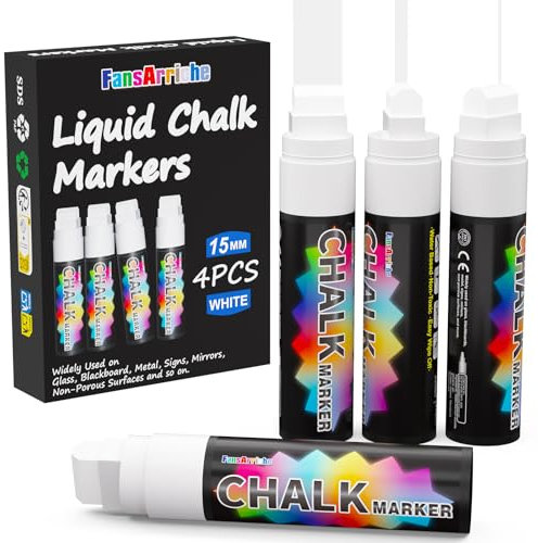 FansArriche Lot de 4 marqueurs à craie liquide - Blanc - Pour tableau noir - Lavable - 15 mm - Pour adultes et enfants - Pour fenêtre, tableau noir, verre et tableau blanc