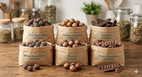 Dry Whole Amla, Reetha, Shikakai, Soapnut, Gooseberry, Acacia Concinna, 200gm Each, Natural Hair Care