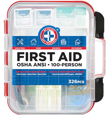 Be Smart Get Prepared First Aid Kit Hard Red Case 326 Pieces Exceeds OSHA and ANSI Guidelines 100 People - Office, Home, Car, School, Emergency, Survival, Camping, Hunting and Sports (20HBC01015REV3)