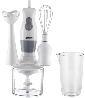 Zephir, Frullatore Multifuzione con Accessori, 300W, Frulla, Miscela, Monta e Trita, Frullatore ad Immersione, Frusta per Montare, Contenitore Tritatutto da 0,75L, 4 Lame in Acciaio Inox.