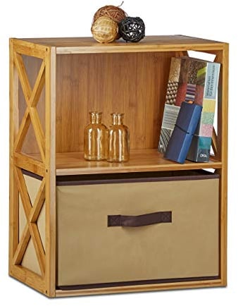 Relaxdays Regal Bambus mit Korb, 2 Ablagen, Holz Standregal, Badregal, Faltbox, HxBxT: 54 x 42 x 29 cm, natur braun