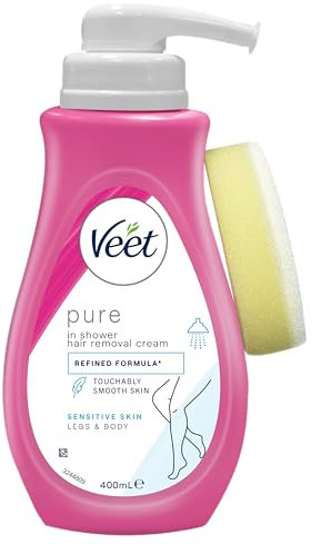 Veet Pure In Shower Hair Removal Cream Pump for Sensitive Skin with Sponge, 400 ml