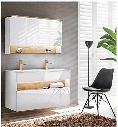 naka24 Badmöbel Set ''Bahama-WEIß 120 Badmöbel mit Doppelwaschbecken Badmöbelset LED (Waschbecken Waschbeckenunterschrank Spiegelschrank)