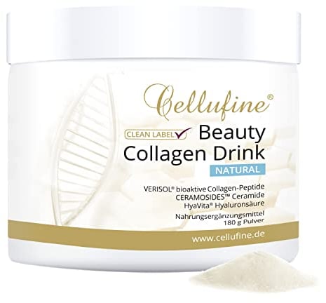 Cellufine® Beauty-Collagen Drink 180 g - natural mit Verisol Collagen-Peptiden und Hyaluronsäure, Ceramiden, Vitamin C, Zink, Biotin, Selen, Q10, natürlich & ohne Konservierungsstoffe