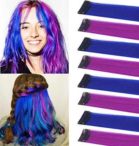 MOSCSMDY 8PCS Blue Purple Clip in Coloured Hair Extensions for Girls Multiple Colors Hair Extensions Wig Pieces for Teens Colorful Party Highlights Synthetic Straight Haripieces(Blau Lila)
