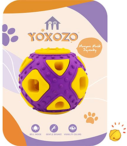 YOXOZO Hundeball Spielzeug, Jingle Bell Innen Geschenk, Quietschspielzeug Gummi Interaktiver Smart Ball mit Löchern, Ideal für Welpen, Kleine, Mittlere und Blindhunde, 2,5 Zoll (Lila Gelb)