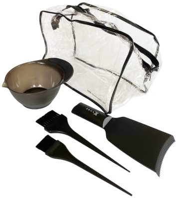 Professional Hairdresser's Black Mixing Set: Includes tint/dye Bowl, large and small dye brush, balayage board with teeth and a bag. Ideal hair dye and mixing home kit.