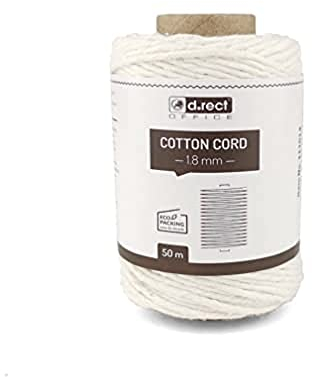 D.RECT - Cordón de Algodón Natural de Macramé 50 m x 1,8 mm - Hilo Fuerte para Manualidades - Blanco 111014