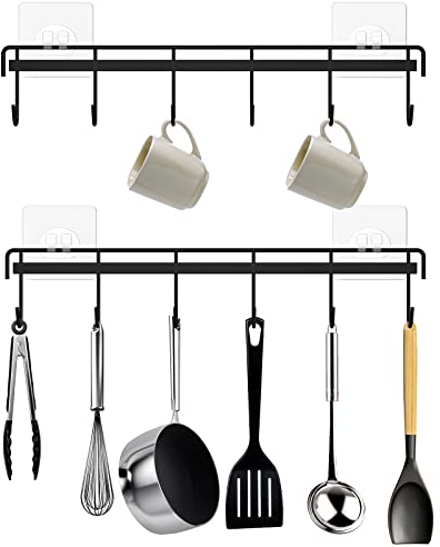HOMEBROS Kitchen Utensil Hanger, Adhesive Utensil Holder Wall Mount Kitchen Rack Rail with 12 Hooks, Space Saving and No Drilling, Black, 2 Pcs