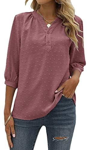 MINTLIMIT Womens Blouses Casual 3/4 Sleeve Swiss Dot Button V Neck Tunic Tops Spring Summer Blouse Shirts