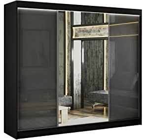 ALTDECOR Kleiderschrank mit Spiegel und Schiebetüren, kugelgelagerte Führungsschienen und Aluminium-Leisten, LED-Beleuchtung (16 Farben) und Fernbedienung - VESLI - 250 cm Schwarz/Lacobel Grau