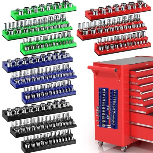 Datanly 12 Pcs Magnetic Socket Organizers Sets Compatible with SAE and Metric Magnetic Socket Holders 1/4'', 3/8'', 1/2'' Drive Socket Trays Kits Holds 282 Standard and Deep Size Sockets (No Socket)