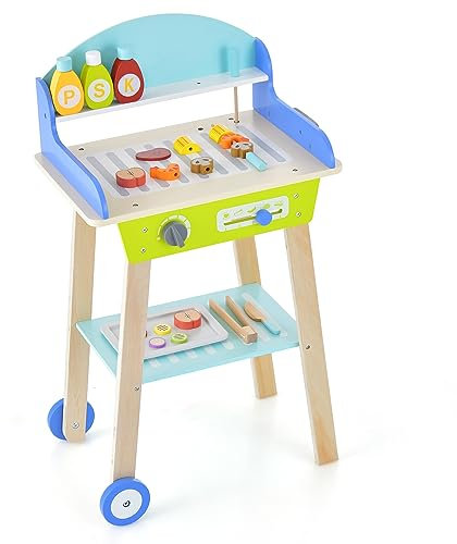COSTWAY Set da Gioco Barbecue per Bambini, Set da Barbecue Giocattolo con Utensili da Grigliata in Legno e Alimenti Giocattolo, Maniglia Scorrevole e Ruote Lisce