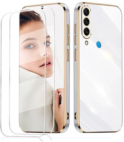 LENGRACE für Samsung Galaxy A20S Galvanisierte Hülle mit 2 Stück Schutzfolie,Luxuriös Glatt Ultra Dünn Silikon Stoßfeste TPU Handyhülle-Weiß