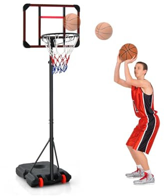SPOTRAVEL Height Adjustable Basketball Hoop and Stand, Free Standing Basketball System with Wheels, Ball Storage and Edge Protectors, Indoor & Outdoor Kids Basketball Hoop for Gym Home Backyard
