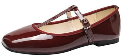 ANUFER Femmes Chaussures Plates Mary Jane Boucle Sangle en T Ballerines SD5A1208 Bourgogne EU39.5