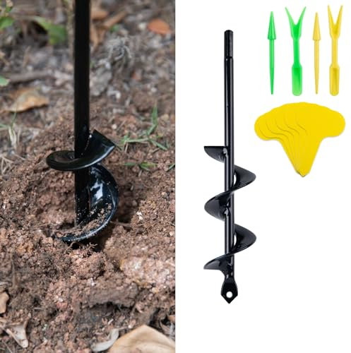 CHANGEMOORE 4x22cm Auger Drill Bit for Planting with 2 Sets of Seedling Tool and 100Pcs Planting Labels, Auger Post Hole Digger with Solid Shaft, Garden Auger Drill Bit for Planting Bulbs Seedlings
