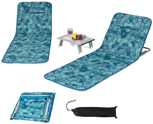 KOMFOTTEU 2er Set Strandmatte mit Tisch, Kopfkissen & Tasche, 3-teiliges Badematten Set, Strandliege mit 5-Fach verstellbare Rückenlehne, klappbare Sonnenliege für Pool Strand Terrasse (Türkisblau)