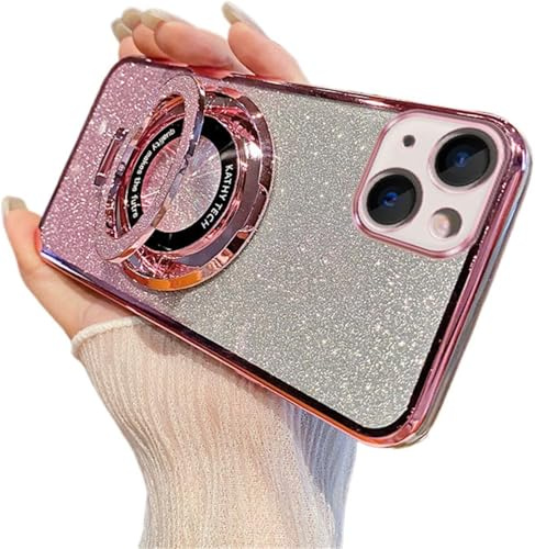IMIRST Glitter Case for iPhone 15 Plus (6.7'') Transparent Soft TPU Plating Pouch with Big Ring Holder Stand Girly Women Gradient Phone Cover for Apple iPhone 15 Plus. DS Rose Gold