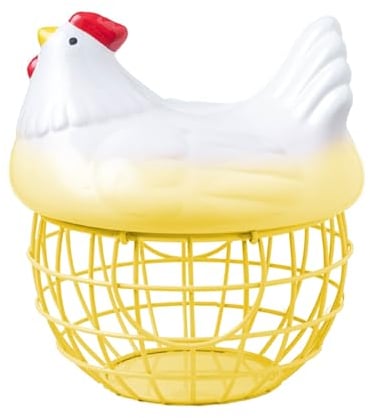 YLSZHY Iron Egg Organizer Basket, Eggs Storage Container with Ceramic Chicken Shaped Lid, Egg Holder with Handle for Home Kitchen Countertop Organizer(yellow)