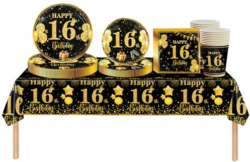 69pcs Black Gold 16th Birthday Decorations for Boys & Girls, Tableware Set with Tablecloth, Paper Plates, Napkins, Cups for 16th Birthday Table Decoration