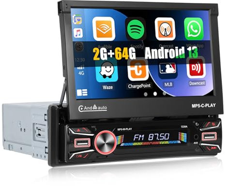 SIXWIN 2GB+64GB Android 1 Din Autoradio con Wireless Carplay e Android Auto,7 Pollici Auto Pieghevole Schermo Stereo con WiFi GPS Bluetooth FM/RDS 2USB Type-C TF Controllo del Volante