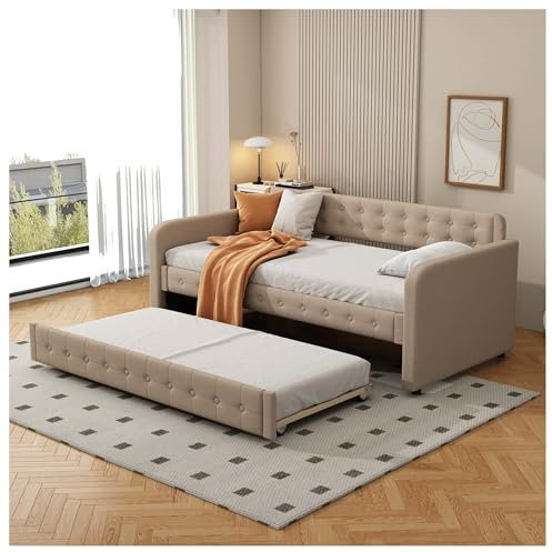 Wyibwy Schlafsofa, 90 x 200 cm, Einzelschlafsofa, Tagesbett, mit Klappbett, großer Stauraum, geeignet für Kinder und Jugendliche (Beigebraun)