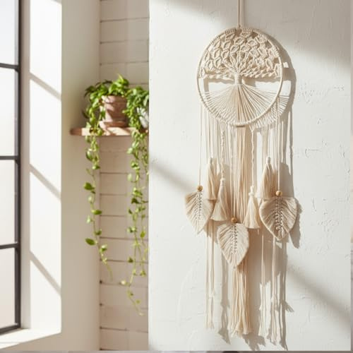 ANMUXI Baum des Lebens Makramee Wandbehang, natürliche Baumwolle, Boho-Wanddekoration, großer Familienbaum, Wandkunst-Dekor mit Blättern, Quasten, 30 cm Durchmesser, Naturweiß