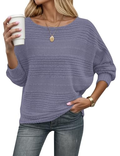 WNEEDU Pullover Damen Herbst Elegant Dünne Fledermausärmel Strickpullover | Herbst outfit, winterpullover, langarm pulli sweatshirt, geripptes sweater, langarmshirt, lässig oberteile longpullover