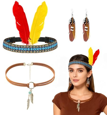 HUKUMA 3 Stück Boho-Kopfschmuck Damen,Kostüm Feder Stirnband Accessoires,Federschmuck,Feder Ohrringe,Boho Lederhalskette, Schmuck für Karneval, Fasching Damen Herren Kinder