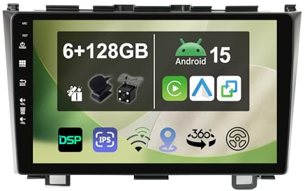 9 [6G+128G] Android 15 Radio Coche para Honda CRV 2007-2011 con Carplay|Android Auto|DSP|Mirror Link-GPS Navi Navegador Radio con Bluetooth 5.0/WiFi/4G/FM/360 AHD Cámara