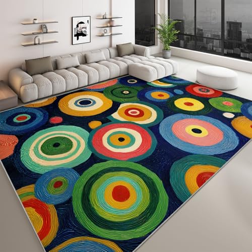 Waschbarer Mid-Century Modern Teppich Wohnzimmer 80 x 150 cm, Weicher Geometrische Bunte Kreise Teppich Rutschfester Badezimmerteppich für Schlafzimmer, Esszimmer, Büro Bereich Dekor