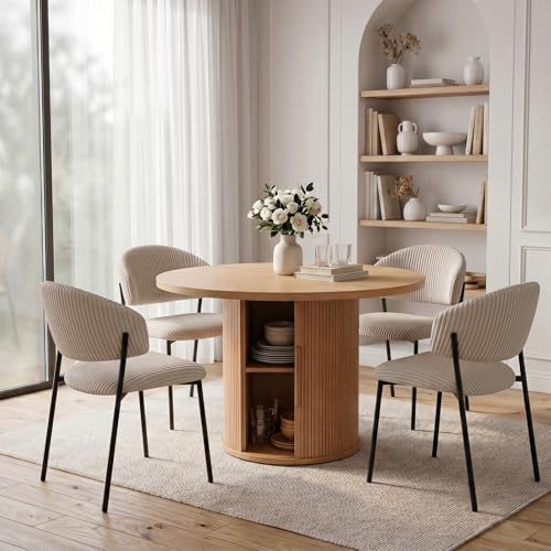 JIEXI Runder Esstisch und 4 Stühle, 110 cm großer Küchentisch aus Holz mit Stauraum und Tambur-Tür, graue Cord-Esszimmerstühle, platzsparend für Esszimmer