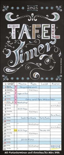 Tafel Timer 2025: Typo Art Familienkalender mit 4 breiten Spalten in Tafeloptik. Hochwertiger Familienplaner mit Ferienterminen, Vorschau bis März 2026.