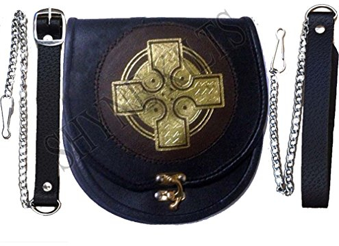 Leder Sporran Gold Cross Schwarz/Braun Leder Sporran für Kilts mit Kettengürtel, schwarz/braun, Einheitsgröße